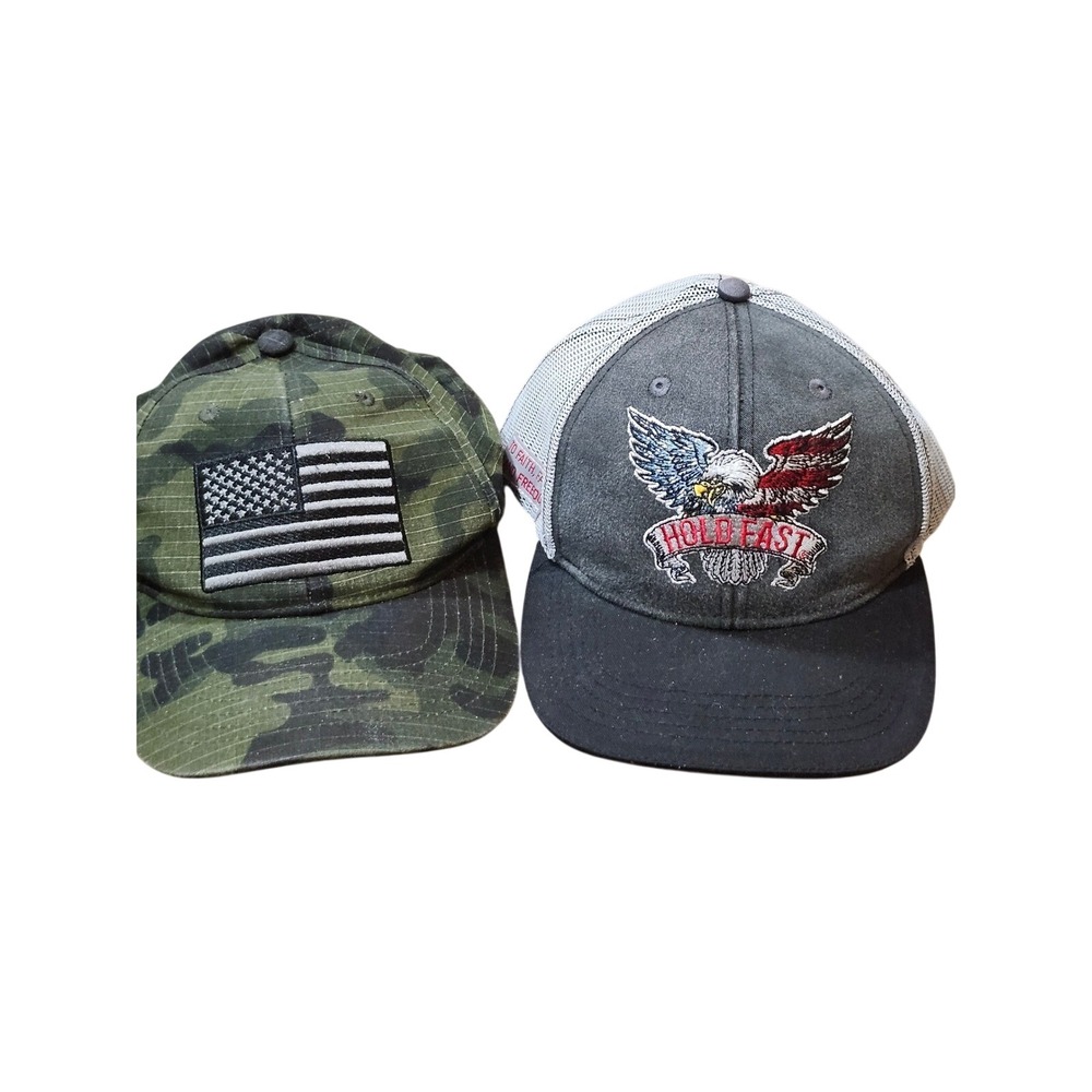 Mens Patriotic Hat Bundle Runs Deep Tactical Camo & Hold Fast Eagle Trucker Hat